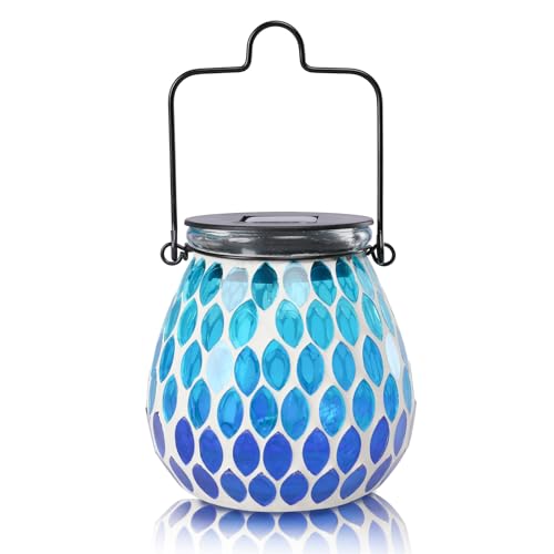 Afirst Mosaic Solar Lanterns - Glass Hanging Lights Hollow Out Waterproof Decorative for Garden, Patio, Holiday Party Outdoor Decoration, Blue-C, 5009420 - style: Ocean Blue