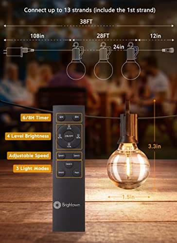 Brightown Outdoor String Lights, 38FT 15 Shatterproof LED Bulbs with Remote, Waterproof Dimmable Patio Hanging Lamps for Porch, Balcony, Bistro, Cafe, Deck, Backyard - size: 38FT - 15 Bulbs
