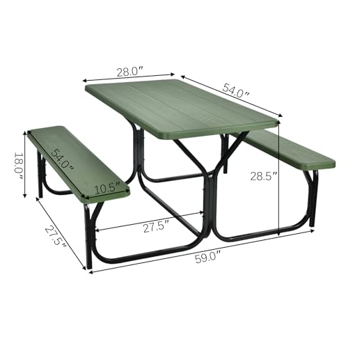 Hysache Picnic Table Bench Set, Patio All Weather Metal Base Camping Table Set w/Wood Texture Tabletop, Steel Frame, Large Camping Picnic Tables for Backyard Poolside Garden Patio Lawn (Green) - color: Green