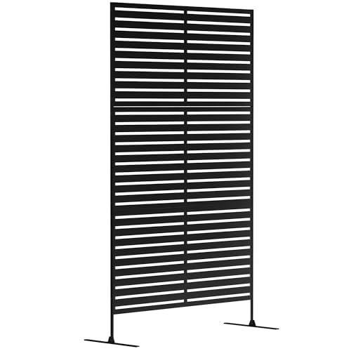 Outsunny Metal Outdoor Privacy Screen, 78" H x 48" W Decorative Privacy Fence Screen, Freestanding Outdoor Divider with Stand, Climbing Plant Trellis for Garden Walkway, Balcony, Patio, Striped Black - color: Black/Striped