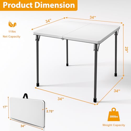 Kasunpul 34" Folding Table, Portable Square Folding Card Table with Collapsible Legs & Carrying Handle, Plastic Tables for Camping,Picnic, Office, Party, White - color: White