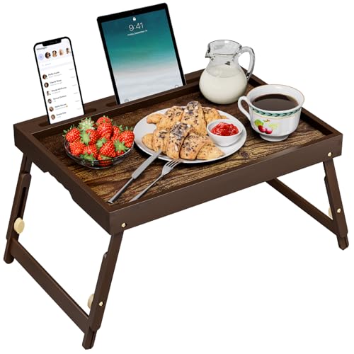 Bamboo Breakfast Tray with Telescopic Legs Tray with Foldable Legs and Removable Stand | Ergonomic Handle | Portable Bed Tray for Dining, Working, Laptop, Tablet and Phone，Vintage Walnut - color: Telescopic, size: Large
