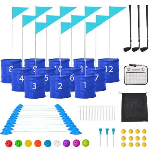Bucket Yard Golf Game with Clubs 9 Hole Set Portable Low Tide Golf Game for Beach Backyard Lawn with 2 Golf Outdoor Indoor Golf Chipping Games for Adults Family Club Party (Blue, 12 Bucket) - color: Blue, size: 12 Bucket