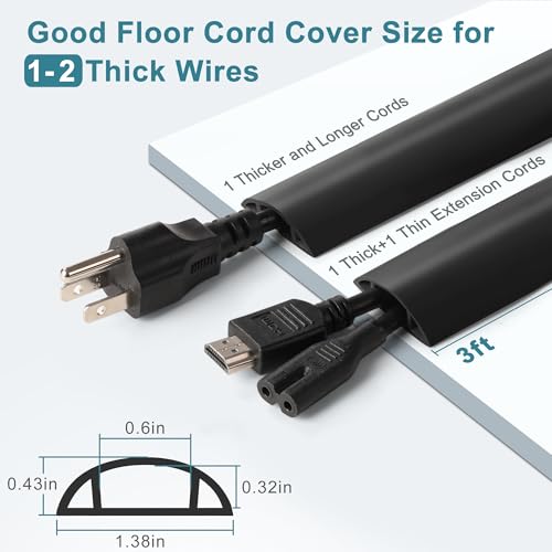 Floor Cable Cover 3ft Black, LZEOY Cord Covers for Wires on Floor, Cord Hider Floor Cable Management, Extension Cord Floor Cover Low Profile, Floor Cord Cover for Office/Carpet/Floor - color: Black, size: Small-3ft