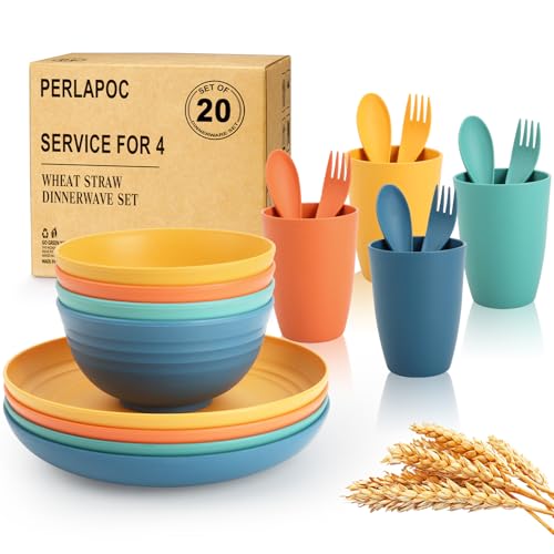 Wheat Straw Dinnerware Sets, 20 PCS Service for 4, Dishwasher & Microwave Safe Kids Plates and Bowls Sets, Unbreakable Lightweight Outdoor Camping Dishes - Multicolor - color: Multicolor, size: 20 PCS