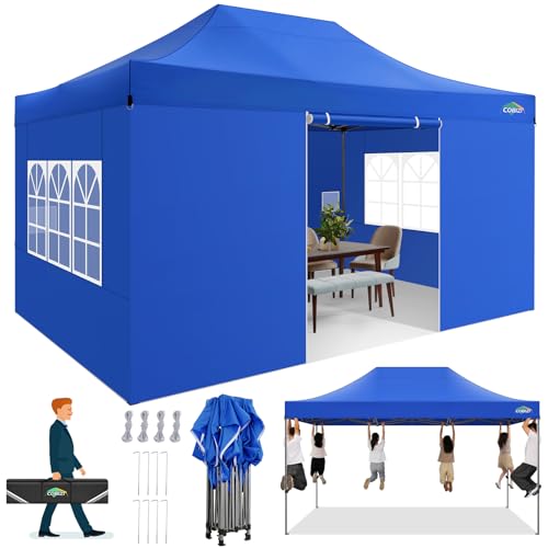COBIZI 10x15 Pop up Canopy Gazebo 3.0, Easy up Heavy Duty Canopy with 4 Removable Sidewalls, High Stability, All Weather Sunshade 100% Waterproof Outdoor Canopy Tents with Carry Bag, Blue - color: Blue, size: 10x15 with 4 sidewalls