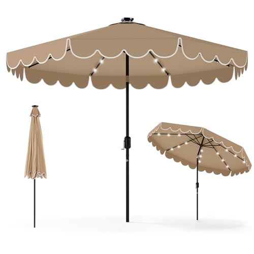 Tangkula 9 FT Solar Patio Umbrella, 2-Tiers Scalloped Outdoor Table Market Umbrella with 32 LED Lights, Vented Top, Tilt Adjustment, Crank, 8 Ribs for Backyard Poolside Deck Beach Lawn (Coffee) - color: Coffee, size: 9Ft