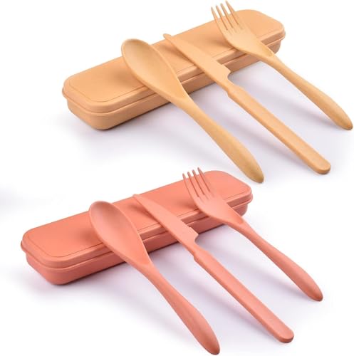 2 Sets Reusable Utensil Set with Case, Portable Camping Fork Knife Spoon Set, Wheat Straw Travel Utensils for Lunch Box, for School Work Lunch or Daily Use (Yellow, Orange) - color: Yellow, Orange