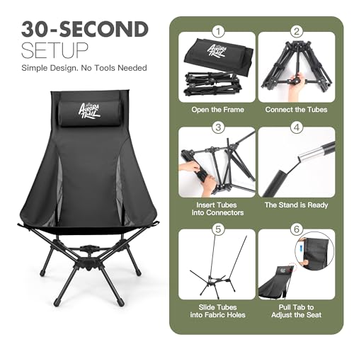 AuroraTrail High Back Folding Camping Chair with Pillow – Lightweight Portable Outdoor Chair with Cup Holder & Carry Bag, Sturdy Aluminum Frame Supports up to 374 lb for Camping, Hiking & Festivals - color: Black Out