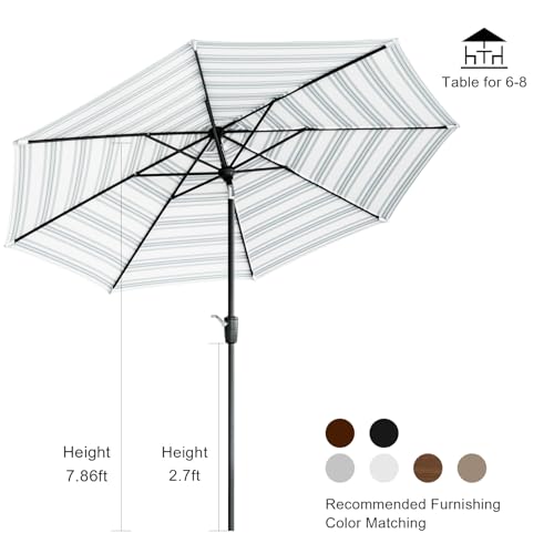 Tempera 9ft Striped Patio Umbrellas Outdoor Table Market Umbrellas with 2-year Nonfading Canopy, 8 Sturdy Ribs, Auto Tilt & Crank, Easy to set - color: Blue Stripe, size: 9 FT