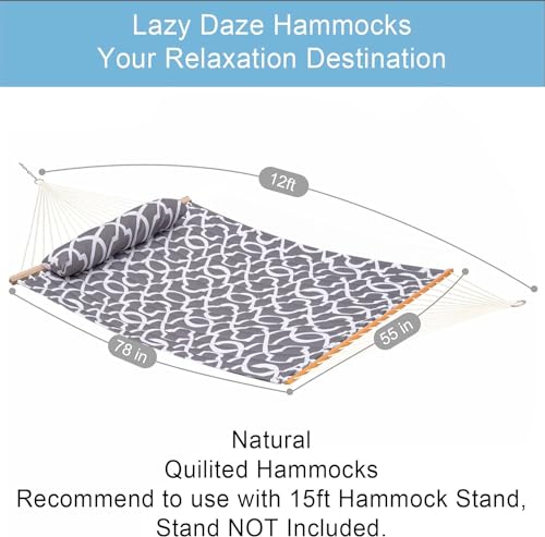 Lazy Daze Hammocks 12FT Quilted Fabric Hammock with Soft Pillow, Double 2 Person Tree Hammock with Spreader Bar for Outdoor Outside Patio Garden Yard, 450lbs Weight Capacity - color: Floral Gray