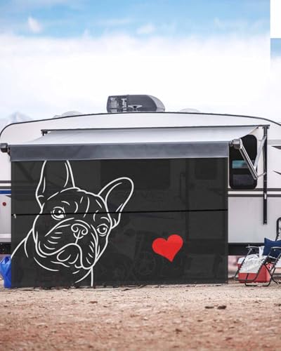 RV Awning Sun Shade Screen 9'X15.3' French Bulldog Mesh Sunscreen Cute Dog Love Heart Awning Shade Screen with Zipper UV Blocker Completed Kits Universal Outdoor Canopy for RV Motorhome Camper Trailer - size: 9x15.3 ft
