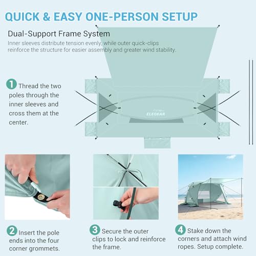 Elegear Beach Tent Sun Shelter with Canopy, CumbreX™ 4-6 Person Pop Up beach tent, Easy Setup UPF 50+ UV Protection Portable Lightweight Waterproof Cooler Family Beach Cabana Sun Shade Shelter - Green - color: Green