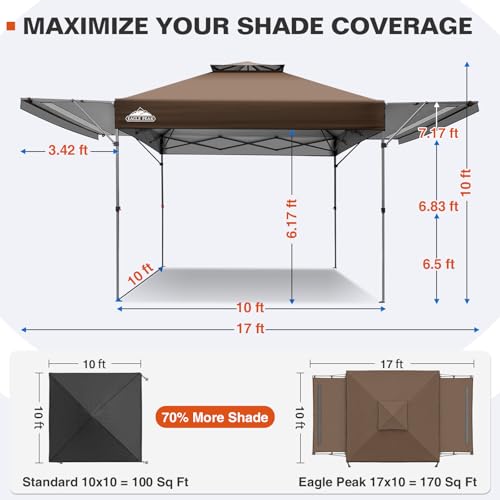 EAGLE PEAK 17x10 Pop up Gazebo Canopy Tent Outdoor Instant Canopy Shelter with Adjustable Dual Half Awnings (Brown) - color: Brown