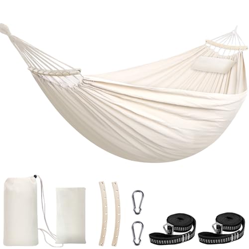 Chihee Cotton Hammock Holds Up to 660lbs Fabric Hammock 8.9x4.9ft Soft Portable Tree Hammocks Camping with Detachable Spreader Bar Pillow 2 Strong Webbings 2 Carabiners Indoor Outdoor Backyard Garden - color: Natural White, size: 270x150cm