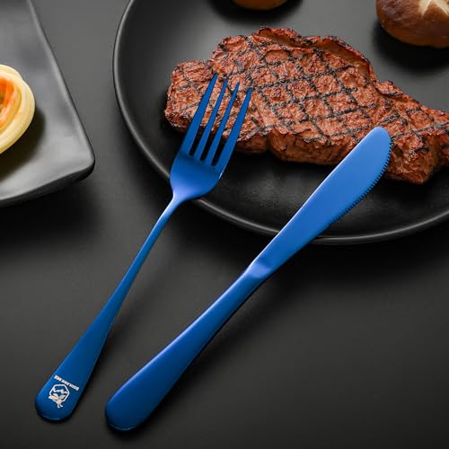 Boulder Bee | Travel Utensils Set | Reusable Camping Cutlery Set | Stainless Steel Flatware Set | Portable Silverware Set with Case | Includes Knife/Fork/Spoon/Straw/Cleaning Cloth/Case (Blue) - color: Blue