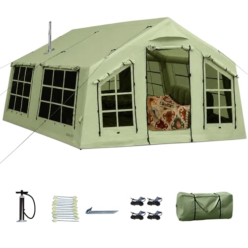 KNUO Inflatable Camping Tent, Large Blow-Up Air Tent, No Assembly Needed Luxury Glamping House, Oxford Fabric - color: Field Green-Dual-layer Doors, size: 12x15ft