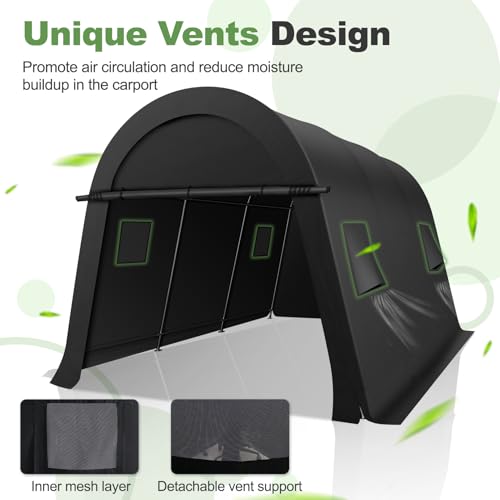 COBIZI 10x15 Carport Canopy Heavy Duty Portable Garage Tent With Double Zippered Roll-up Doors & Vents, Round Style Roof Canopy, Anti-Snow Waterproof for Cars, Boats, Trucks - color: Khaki, size: 10'x15'