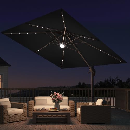 JZAC & QZYD 9x9 FT Outdoor Cantilever Patio Umbrella with Solar LED Lights, Large Heavy Duty 2-Tier Canopy Square Aluminum Offset Umbrellas with 360-Degree Rotation for Pool Deck Backyard, Black - color: Black, size: 9'×9'