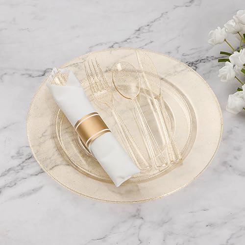 Goodluck 700 Piece Gold Glitter Plastic Dinnerware Set for 100 Guests, Disposable Plates for Party, Include: 100 Dinner Plates, 100 Dessert Plates, 100 Pre Rolled Napkins with Silverware, 100 Cups - color: Gold Glitter, style: 700 Piece (100 guests)