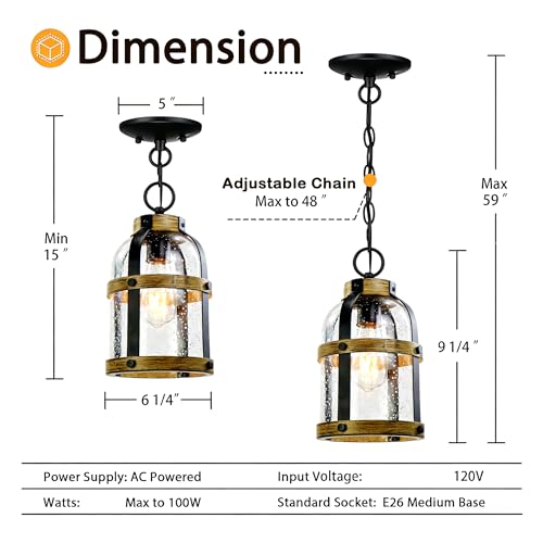 Outdoor Pendant Light for Porch,Modern Exterior Hanging Lantern with Adjustable Chain, in Black and Wood Grain Finish with Seeded Glass for Front Door,Entryway,Farmhouse (Wood Grain(updated)) - color: Wood Grain (New)