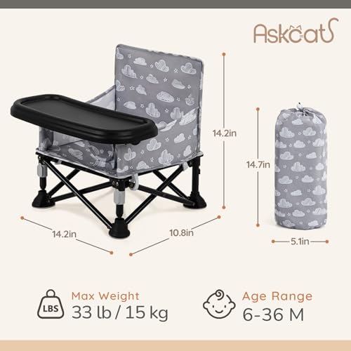 Toddler Booster Seat for Kitchen Chair & Travel - Portable Foldable with Removable Tray, Baby Camping Chair 6-36 Months Indoor Outdoor (White Cloud Design) - color: White Cloud Booster Seat
