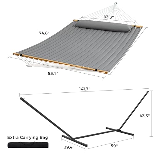SUPERJARE Hammock with Stand, 2 Person Quilted Outdoor Hammock, Detachable Pillow & Bamboo Spreaders, Portable Hammock with Carrying Bag, Heavy Duty Stand, Perfect for Outside, Patio, Gray - color: Grey, size: 55.1"W × 74.8''D × 43.3''H