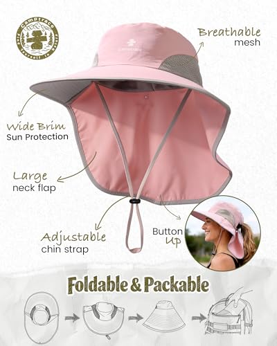 Camptrace Sun Hats for Women Men UPF 50+ UV Protection Wide Brim Hiking Fishing Hat with Neck Flap - color: 04-pink