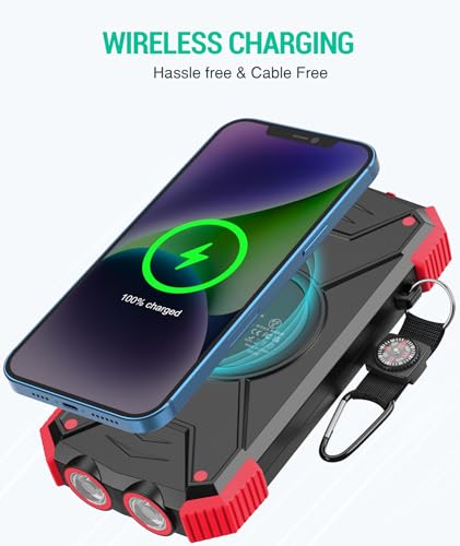 BLAVOR Solar Power Bank 10,000mAh, Portable Wireless Charger, 20W Fast Charging External Battery Pack with USB C for Cell Phones, Solar Panel Charging with Dual Flashlight for Camping - color: Red