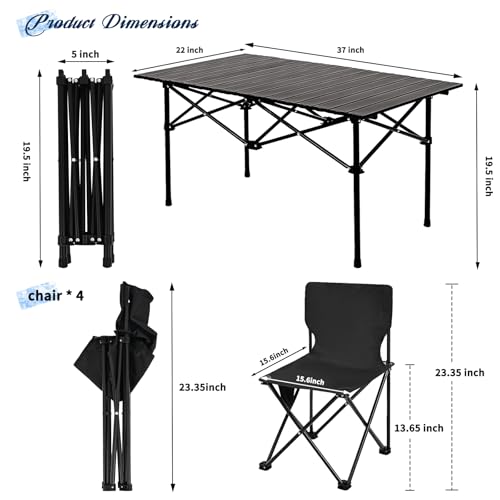 Camping Table Folding Portable Camp Table with 4 Chairs, Folding Picnic Table with Carry Bag Indoor Outdoor for Camping, Beach, Patio, RV, Backyard BBQ, Sturdy, Stable, Easy to Carry, Black - size: 22*37*19.5inch + 4 chair