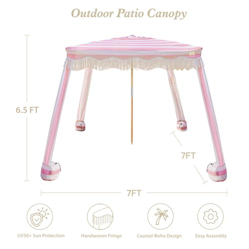 AMMSUN Beach Cabana with Fringe, 7' x 7' Boho Beach Canopy with Tassels, Easy Set up & Premium Wood Pole, Cabana Tent with Sand Pockets, Instant Sun Shade for Sand, Garden, Patio, Rose Stripes - color: Pink Rose Stripes