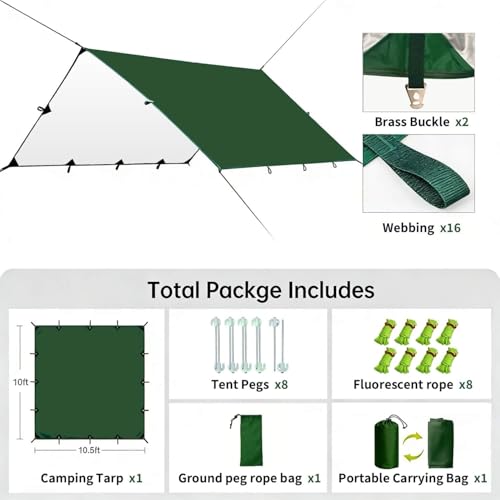 Waterproof Camping Tarp Tent Hammock Rain Fly, Mutifunctional Tent Footprint Lightweight Tarp for Camping, Hiking and Survival Shelter