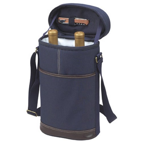 Picnic at Ascot - Insulated 2 Bottle Travel Wine Tote with Corkscrew & Shoulder Strap - Navy - color: Navy