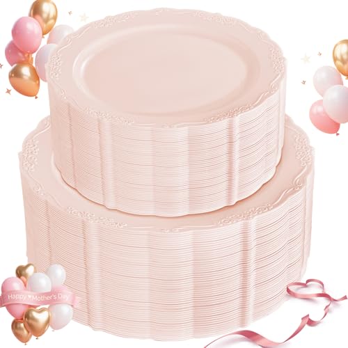 U-QE 100PCS Mauve Pink Plastic Plates - Heavy Duty Pink Disposable Plates for Mothers Day, Party, Baby Shower, Wedding - Serving 50 Guests Include 50PCS 10'' Dinner Plates & 50PCS 7.5'' Dessert Plates - color: Mauve Pink