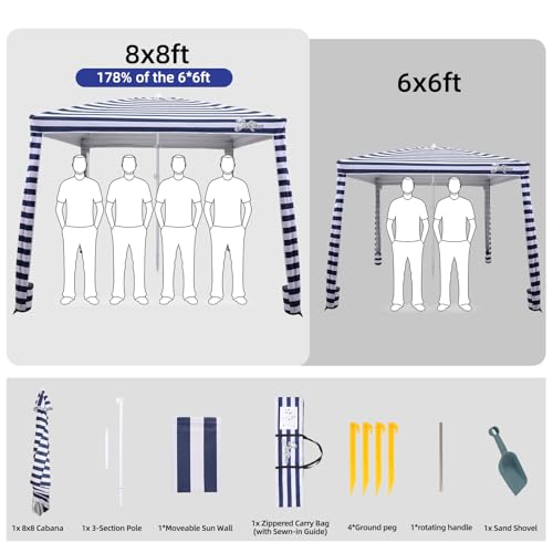Jihfmo 8x8 Ft Large Beach Cabana Tent, UPF 100+ Windproof Sun Shelter for Family - 64 Sq Ft Big Shade Canopy with Sand Anchors & Cooling Silver Glue Coating, Easy Setup Portable Sunshade - Blue Stripe - color: Blue Stripes