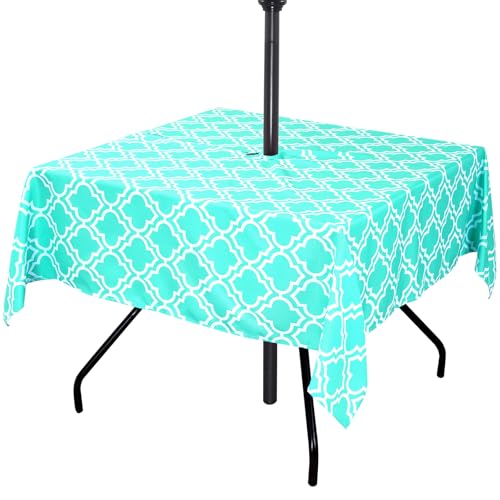 Poise3EHome Square Outdoor Tablecloth with Umbrella Hole and Zipper,Aqua Blue 60x60 Inch,Polyester SpillProof Washable Table Cloth for Spring Summer Patio Garden Poolside Picnic Camping BBQS - color: Aqua Blue, size: 60" x 60" (Square)