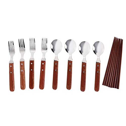 12 Pcs Stainless Steel Wooden Handle Tableware Set, Camping Cutlery for 4 Persons, Includes Forks Spoons Chopsticks with Carrying Bag for Picnic Barbecue Outdoor Use