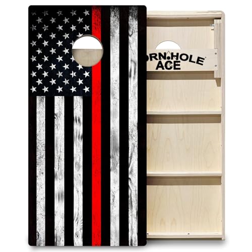 CornholeAce ACE PRO American Flag Cornhole Board Set - No Bounce! Triple Wide Legs, 3/4" Baltic Birch Plywood, Handles, Regulation Size (4x2ft), Tournament Style, Made in USA - color: Thin Red Line Firefighter Flag