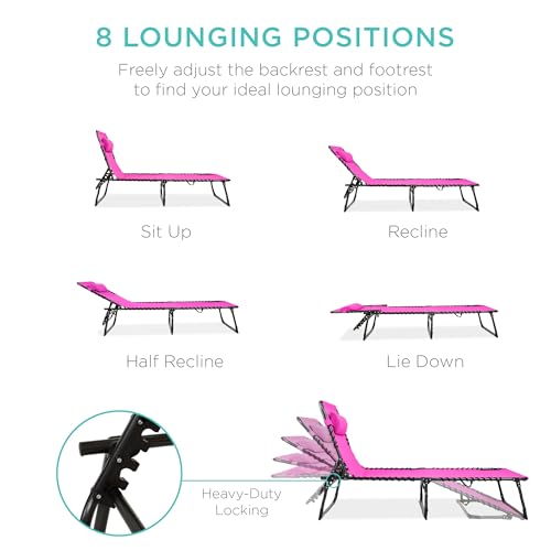 Best Choice Products Patio Chaise Lounge Chair, Portable Outdoor Folding Recliner for Lawn, w/ 8 Positions, Handles, 300lb Capacity - Hot Pink - color: Hot Pink