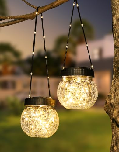 PARTPHONER Solar Lantern Solar Lights Outdoor Waterproof 2-Pack, Solar Powered Hanging Lights Cracked Glass Hanging Globes for Christmas Decoration, Shepherd Hook, Garden Tree Ornaments - color: Black Cap Warm White Light, size: 2 Pack