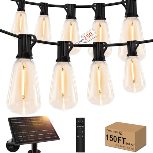 150ft Solar Outdoor String Lights with Remote - USB Rechargeable Solar Powered Outdoor Patio Lights - Timer, Dimmable Shatterproof ST38 Bulbs for Backyard, Garden, Pool - size: 150 Feet