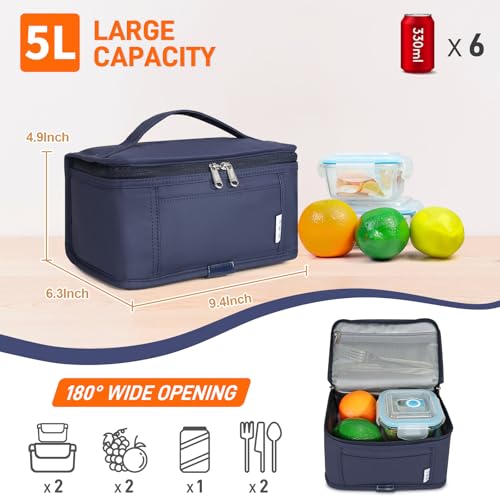 NOL Mini Insulated Lunch Bag for Women Men Kids | Small Leakproof Reusable Lunch Tote | Fits 6 Cans 330ml | Thermal Cooler for Work School Picnic Camping, Navy blue - color: Navy Blue, size: Medium(5 Liters)