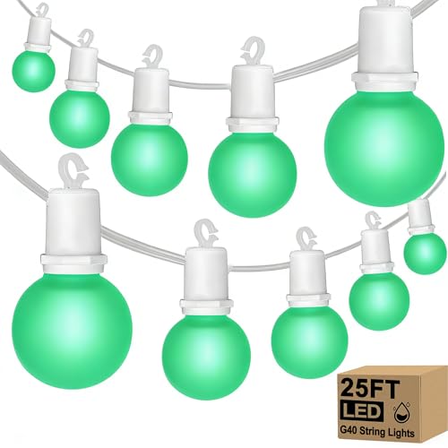 G40 LED St. Patrick's Day String Lights Outdoor, 25Ft St Patricks Decorations Lights Outdoor with Ceramic Green Round Bulbs, Hanging Patio Lights Shatterproof for Indoor Home Decor Party, White Wire - color: Ceramic Green, size: 25Ft
