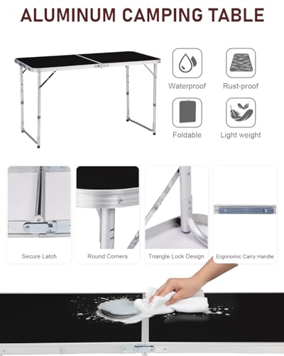 Outvita 4ft Portable Folding Camping Table, Outdoor Waterproof Adjustable Height Table, Aluminum Lightweight Suitcase Foldable Table for Picnic BBQ Beach Dining - color: Black, size: 47*24*28