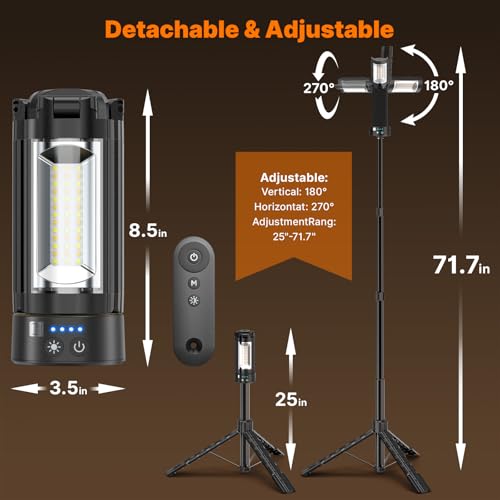 OGERY Camping Lights with Remote, 18000mAh Rechargeable Camping Lantern & LED Work Light, Detachable Tripod Stand up to 6.7 ft, 3 Lamp Heads for Camping Essentials & Emergency, Black - color: Black