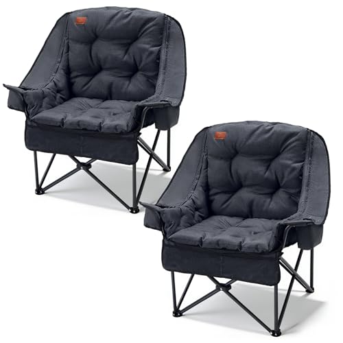 EVER ADVANCED 2 Set Camping Chair with Detachable Cushion, Mesh Chair for Adults Foldable, Oversized Heavy Duty Folding Chair with Cooler Mesh Pocket Cupholder Outdoor Fishing, Supports 400LBS Black - color: Black, size: 2 P