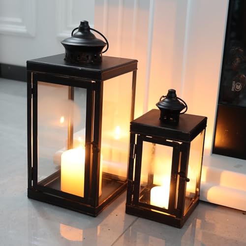 Large Lantern Decorative Outdoor & Indoor, Set of 2 (14’’&10’’) Metal Candle Lanterns Decor, Vintage Hanging Candle Holder for Front Porch Patio Wedding Farmhouse Home, Spring Decoration - color: Black / 14.6''h+9.8''h
