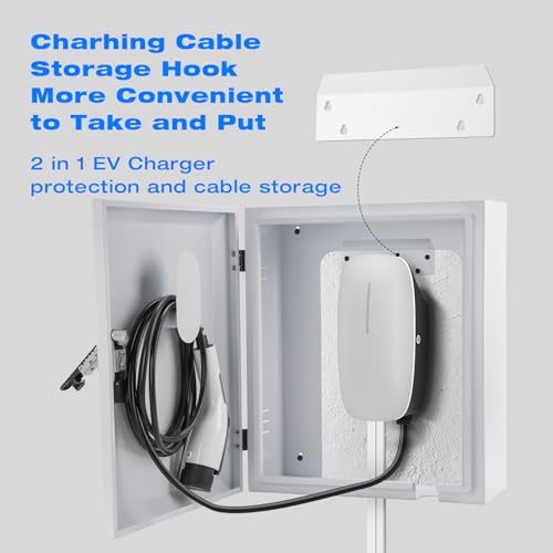 Electric Vehicle Car Charger Cover Protector Compatible with Tesla, Wall Charging Station Box Indoor/Outdoor, Cable Cord Holder, Double Locks, EV Charger Enclosure for EV Charger, White