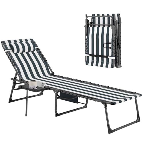 Outsunny Folding Chaise Lounge Chair Outdoor Tanning Chair with Side Table, 5-Level Adjustable Beach Lounge Chair with Headrest, Side Pocket for Patio, Backyard, Beach, Poolside, Blue and White - color: Blue and White