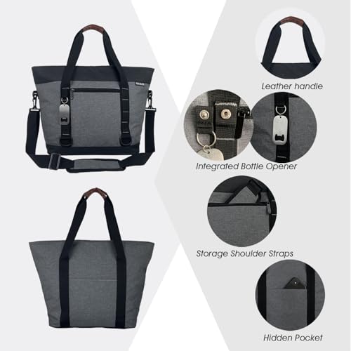 Insulated Cooler Bag, Large Insulated Bag, Reusable Shopping Bags, Leakproof Soft Cooler with BagsBottle Opener, Suitable for Supermarket Shopping, Travel,Beach,Family Picnic,Camping - color: grey